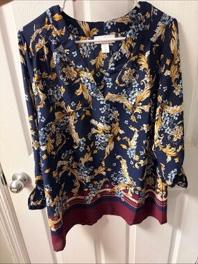Maternity V-Neck Floral Border Tunic Top - Navy / Yellow